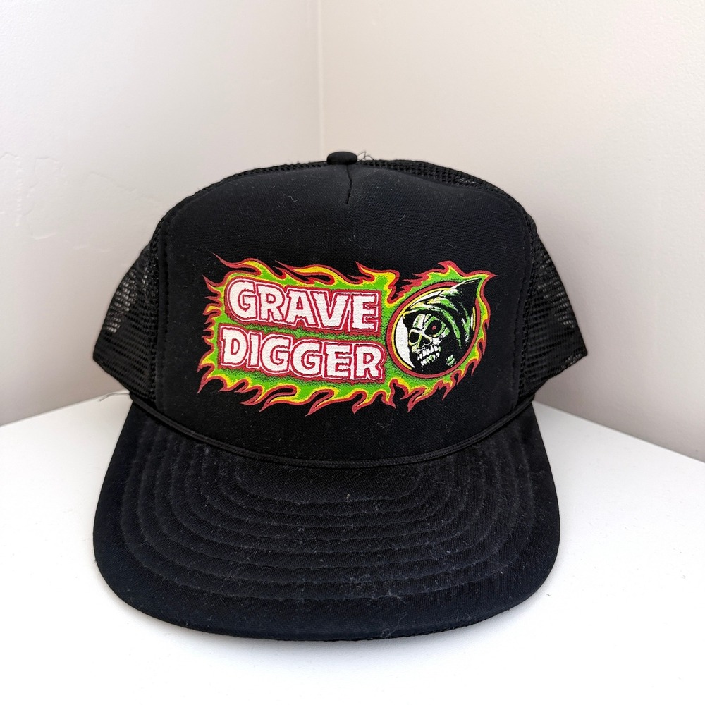 Vintage Grave Digger Monster Truck Snapback Hat Speedway Mesh Trucker Black 80s